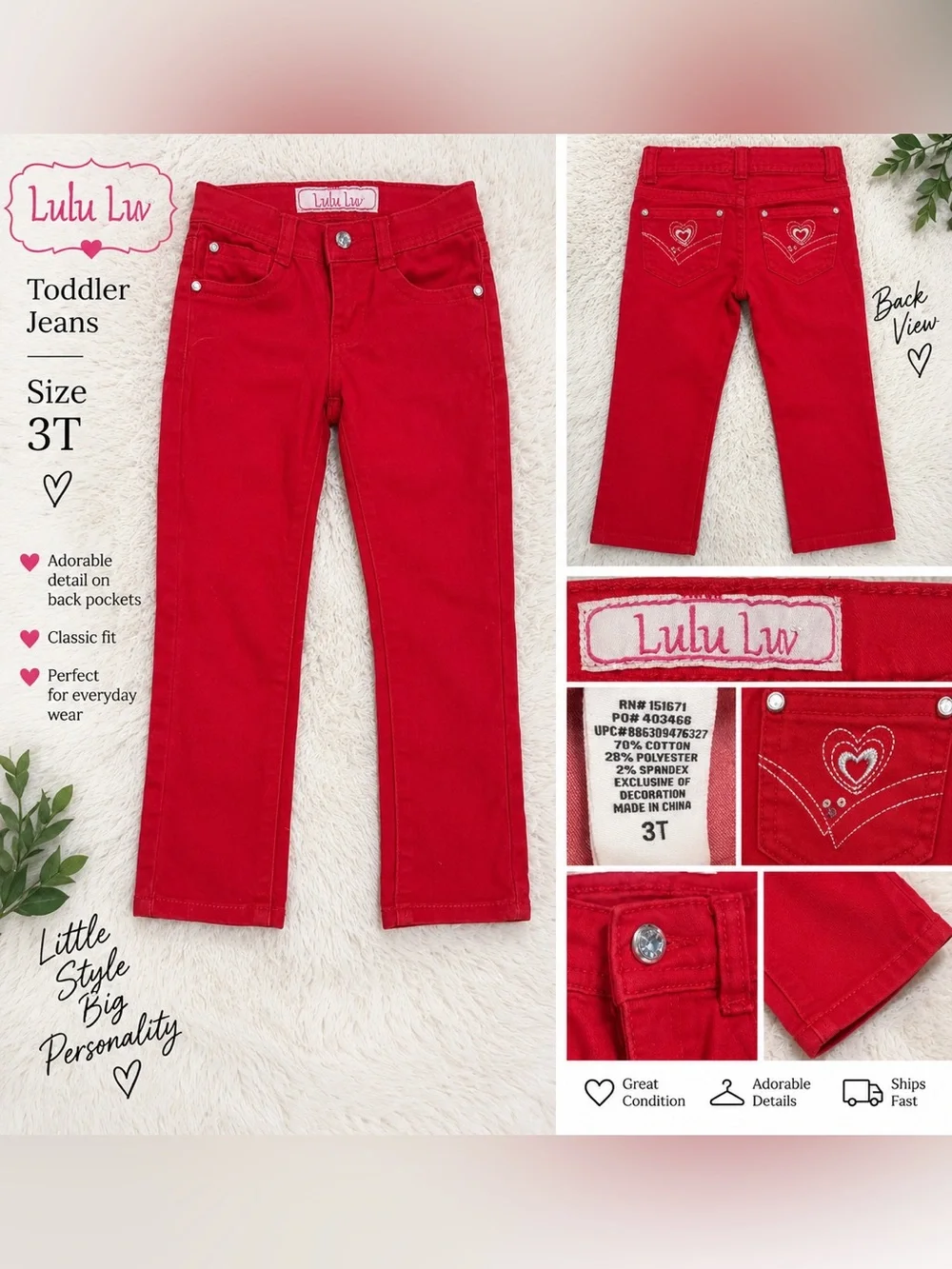 Toddler Red Jeans - Size 3T ❤️ Lulu Lw Girls’ Red Skinny Jeans
